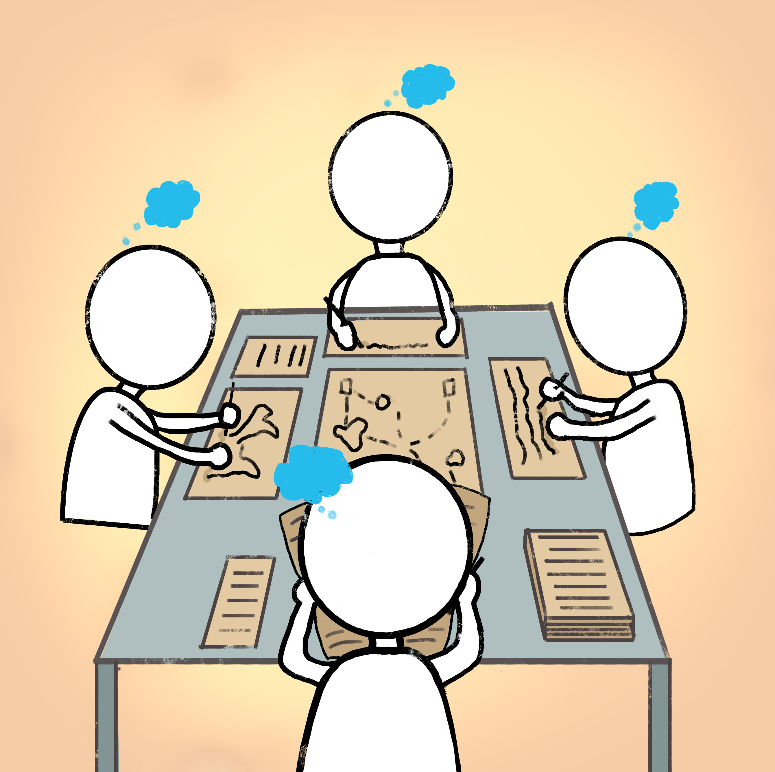 Four people brainstorming at a table.